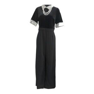 Black velvet & crepe peter pan pearl‎ necklace collar elegant jumpsuit size 8